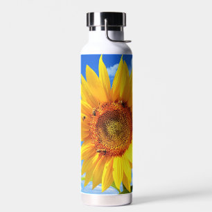 Yellow Sunflower and Bees on Blue Sky Water Bottle
