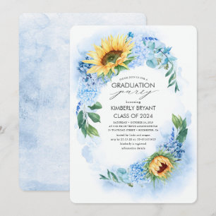 Yellow Sunflower and Blue Hydrangea Graduation Invitation