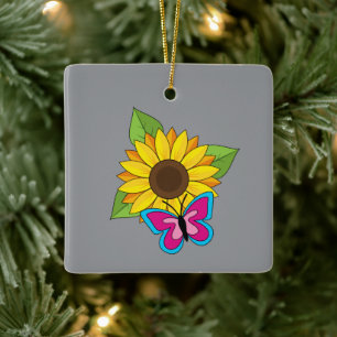 Yellow Sunflower and Blue Pink Butterfly Ceramic Ornament