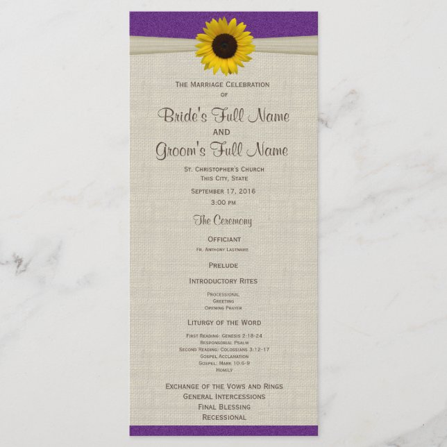 Yellow Sunflower and Burlap Purple Wedding Program (Front)