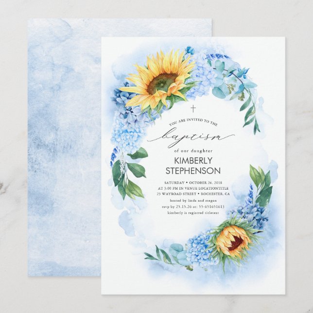 Yellow Sunflower and Dusty Blue Hydrangea Baptism Invitation (Front/Back)