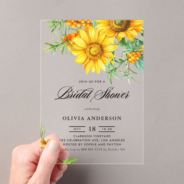 Yellow Sunflower and Sea Buckthorn Bridal Shower Acrylic Invitations (Insitu (Handheld))