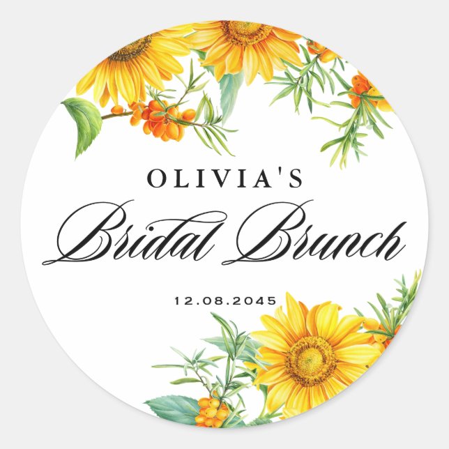 Yellow Sunflower and Seabuckthorn Bridal Brunch Classic Round Sticker (Front)