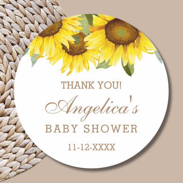 Yellow Sunflower Baby Shower Thank You  Classic Round Sticker (Creator Uploaded)