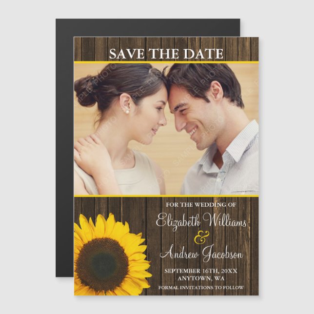 Yellow Sunflower Barn Wood Photo Save the Date Magnetic Invitation (Front/Back)