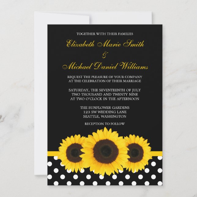 Yellow Sunflower Black and White Polka Dot Wedding Invitation (Front)