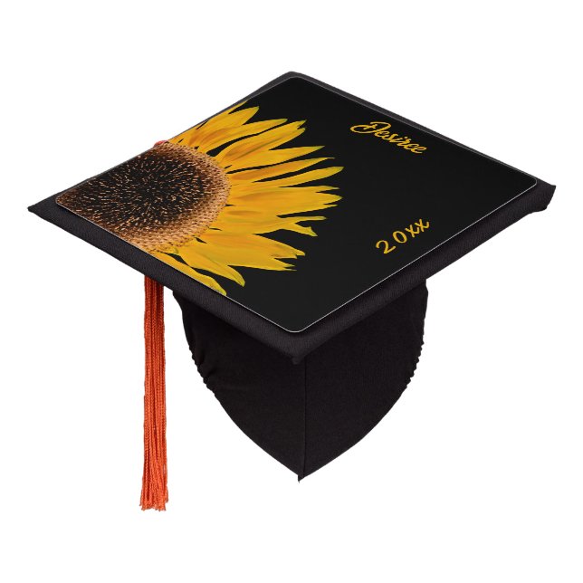 Yellow Sunflower Black Background Country Rustic Graduation Cap Topper (Angled)