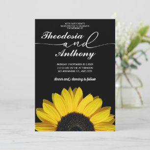 Yellow Sunflower Black Background Floral Wedding Invitation