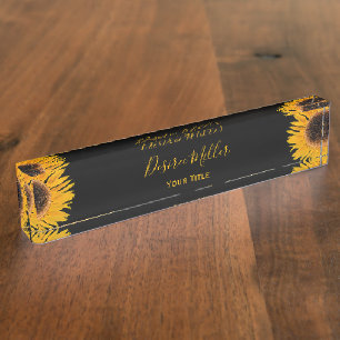 Yellow Sunflower Black Background Rustic Country Nameplate