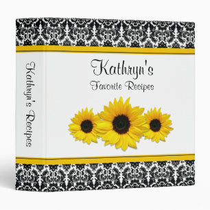 Yellow Sunflower Black White Damask Recipe Binder