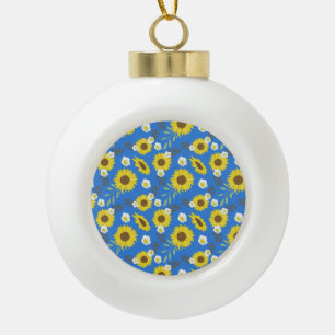 Yellow Sunflower Blue Background Flower Floral Ceramic Ball Christmas Ornament