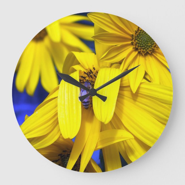 Yellow Sunflower, Blue Bee Wall Clock (Front)