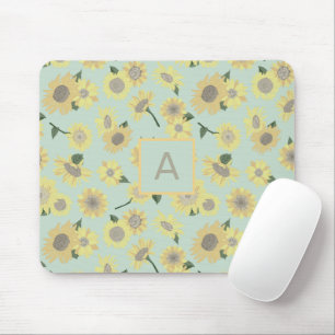 Yellow Sunflower Blue Floral Flower Monogram Mouse Pad