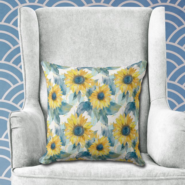 Yellow Sunflower Blue Leaf Pattern Throw Pillow (Creator Uploaded)