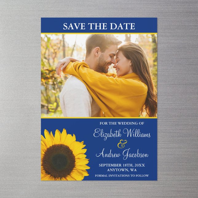Yellow Sunflower Blue Photo Save the Date Magnetic Invitation (Creator Uploaded)