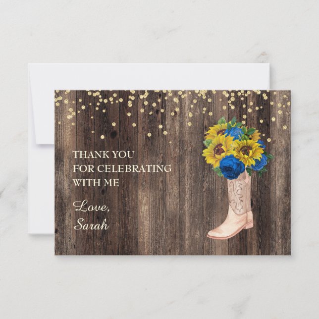 Yellow Sunflower Blue Roses Boots Wood Thank You (Front)