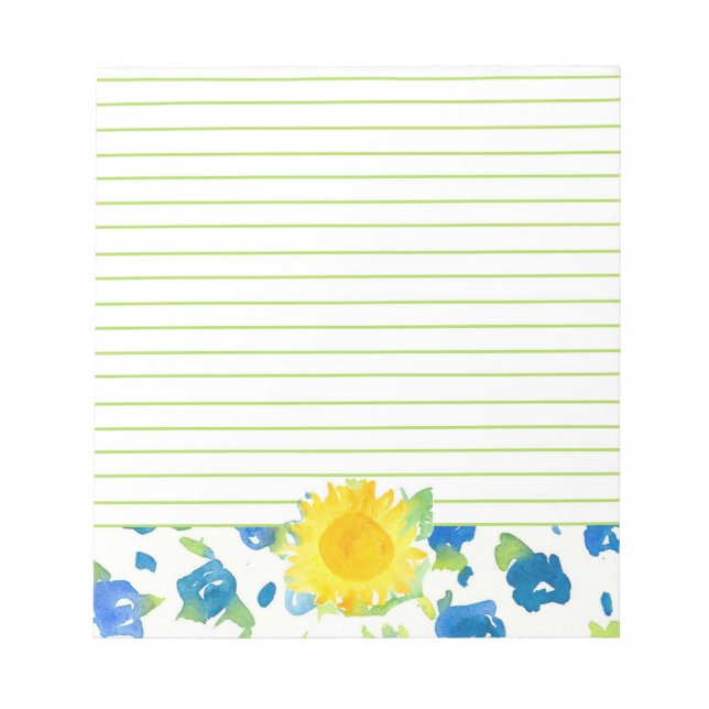 Yellow Sunflower Blue Wildflowers Watercolor Lined Notepad (Front)
