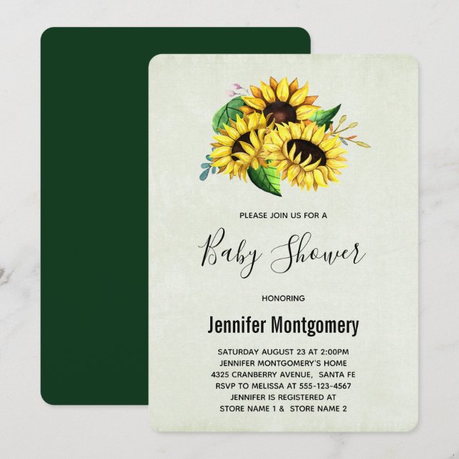 Yellow Sunflower Bouquet in Watercolor Baby Shower Invitation (Front/Back)