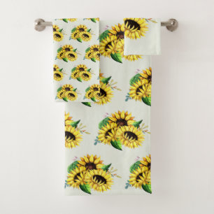 Yellow Sunflower Bouquet in Watercolor Bath Towel Set