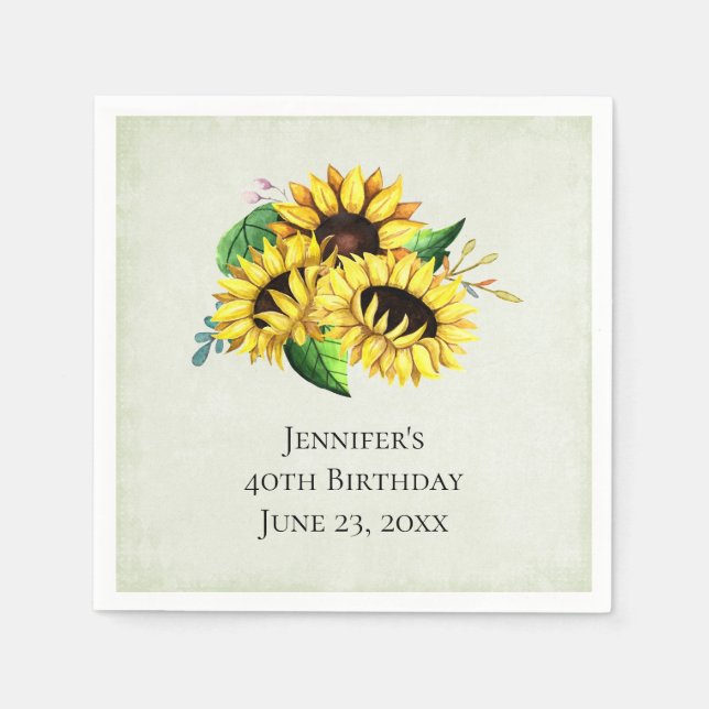 Yellow Sunflower Bouquet in Watercolor Birthday Napkin (Front)