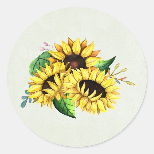 Yellow Sunflower Bouquet in Watercolor Classic Round Sticker (Front)