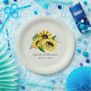Yellow Sunflower Bouquet in Watercolor Wedding Paper Plate