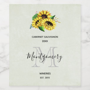 Yellow Sunflower Bouquet in Watercolor Wine Making Wine Label