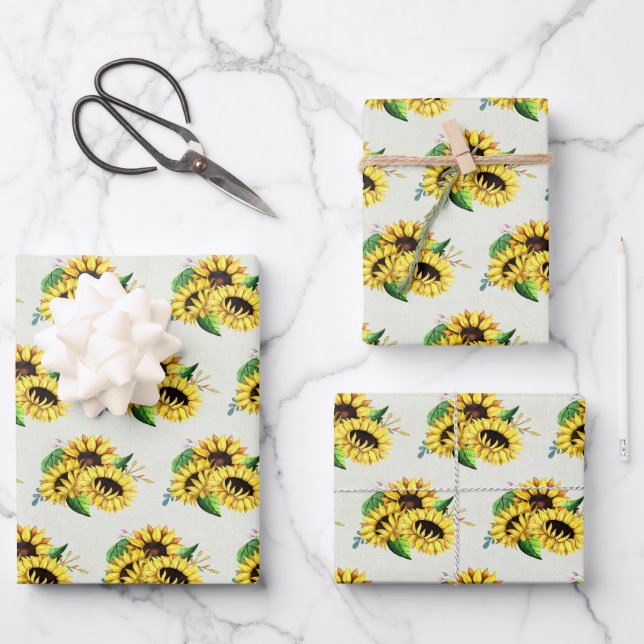 Yellow Sunflower Bouquet in Watercolor Wrapping Paper Sheet (Front)