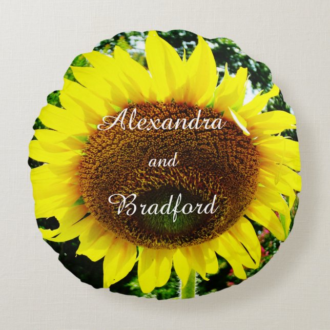 Yellow Sunflower, bride groom customized wedding Round Pillow (Front)