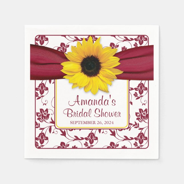Yellow Sunflower Burgundy Personalized Wedding Napkin (Front)