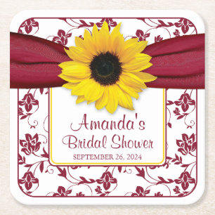 Yellow Sunflower Burgundy Personalized Wedding Square Paper Coaster