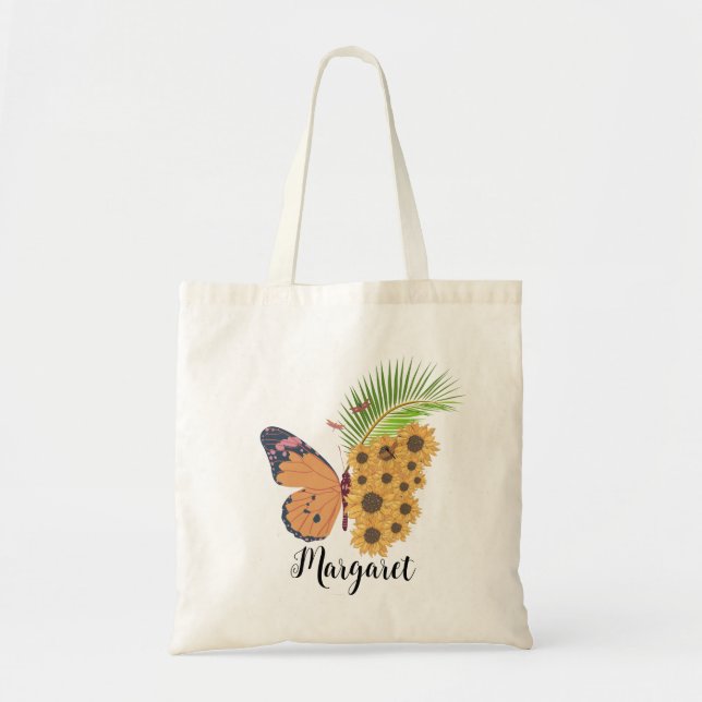 Yellow sunflower Butterfly Personalized Name Tote Bag (Front)