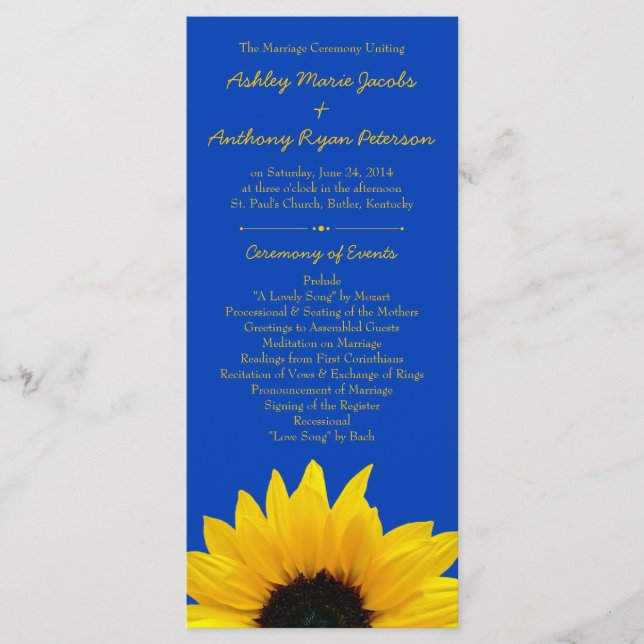 Yellow Sunflower Cobalt Blue Wedding Program (Front)