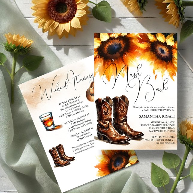 Yellow Sunflower Cowboy Boots Bachelorette Weekend Invitation (Nash bash watercolor cowgirl girls weekend invitations cowboy boots and sunflowers itinerary )
