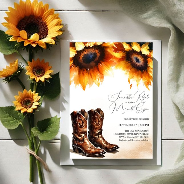 Yellow Sunflower Cowboy Boots Wedding Invitation (Sunflower and cowboy boots wedding invitations for western barn weddings)
