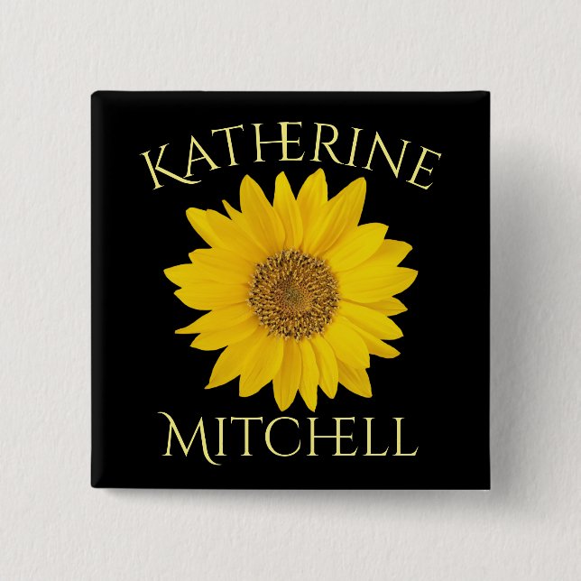 Yellow Sunflower Custom Name Black 2 Inch Square Button (Front)