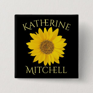 Yellow Sunflower Custom Name Black 2 Inch Square Button