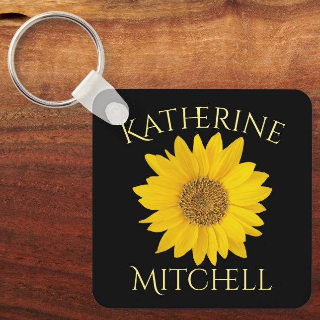 Yellow Sunflower Custom Name Black Keychain (Front)