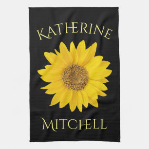 Yellow Sunflower Custom Name Black Kitchen Towel