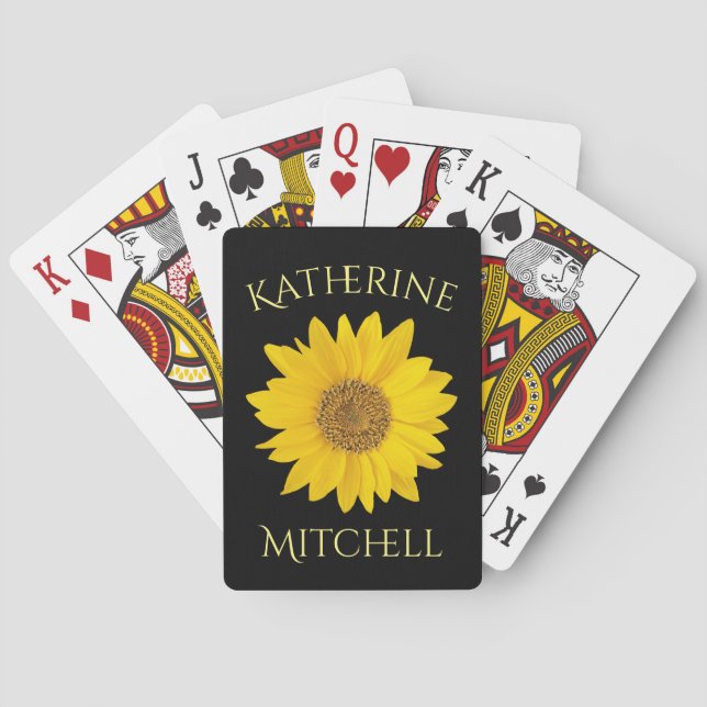 Yellow Sunflower Custom Name Black Playing Cards (Back)