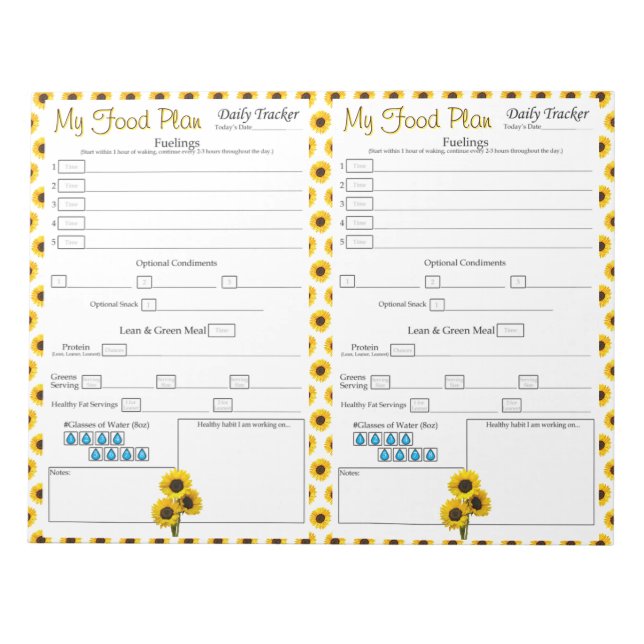 Yellow Sunflower Daily 6 Meal Food Journal Notepad (Front)