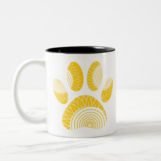 Yellow Sunflower Dog Paw Print Two-Tone Coffee Mug (Left)