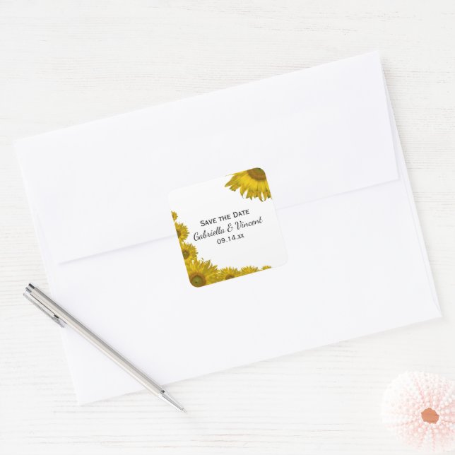 Yellow Sunflower Edge Wedding Save the Date Square Sticker (Envelope)