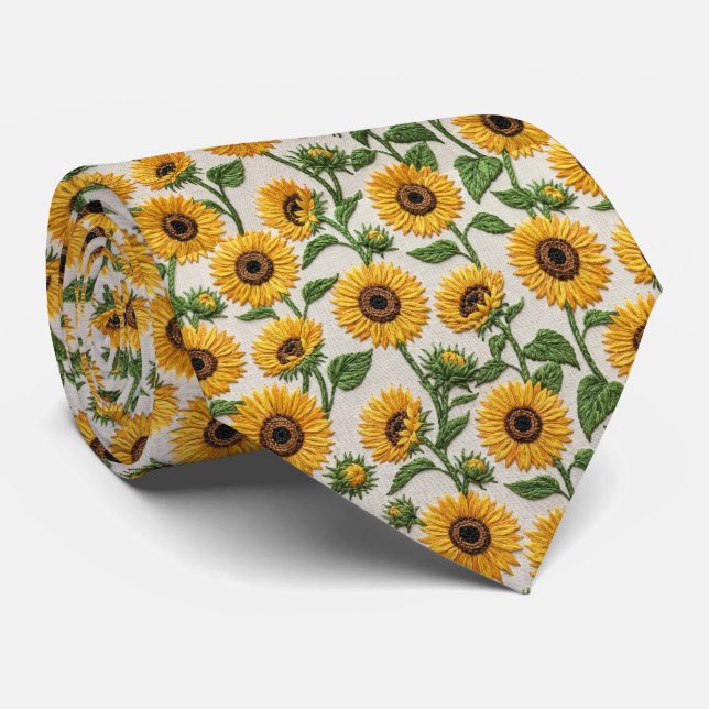 Yellow Sunflower Embroidery Floral Pattern Tie (Rolled)