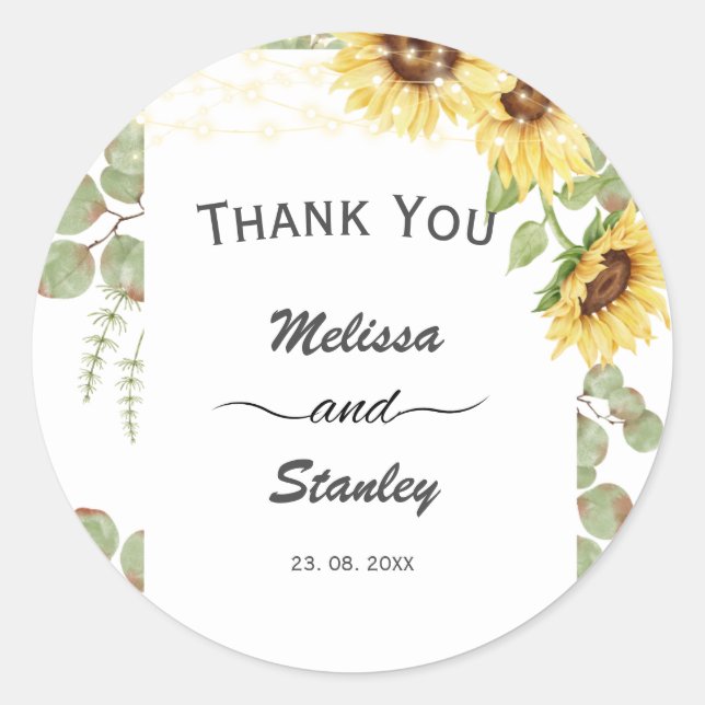 Yellow Sunflower Eucalyptus String Lights Wedding Classic Round Sticker (Front)