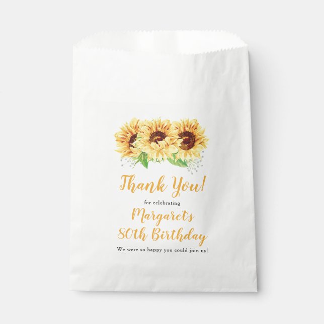 Yellow Sunflower Floral 80th Birthday Thank You Favour Bag (Front)