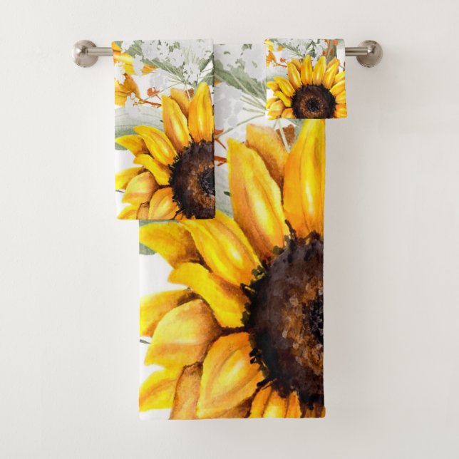 Yellow Sunflower Floral Rustic Fall Flower Bath Towel Set (Insitu)