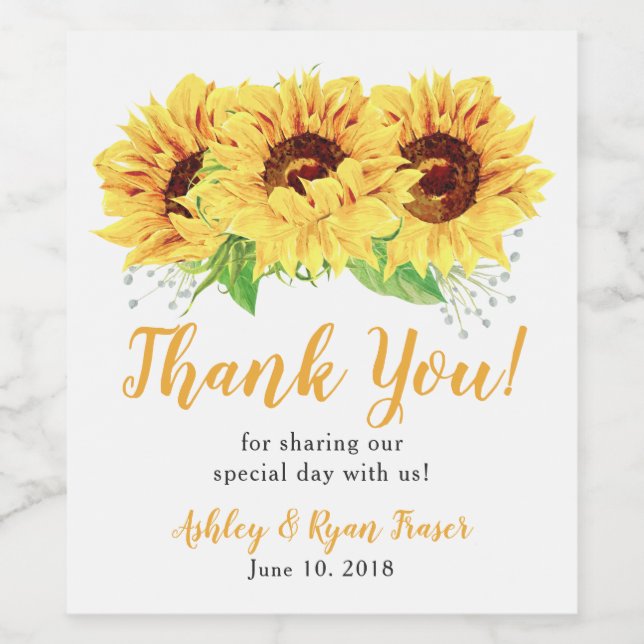 Yellow Sunflower Floral Wedding Thank You Wine Label (Single Label)