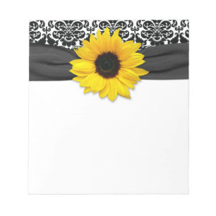 Yellow Sunflower Flower Black White Damask Floral Notepad