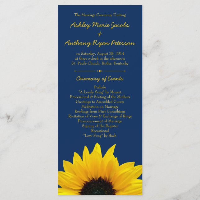 Yellow Sunflower Flower Navy Blue Wedding Program (Front)